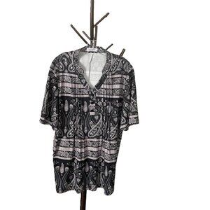 Women's Floral Print Short Ruffle Sleeve. Pleated Front V Neck Button Tunic Top